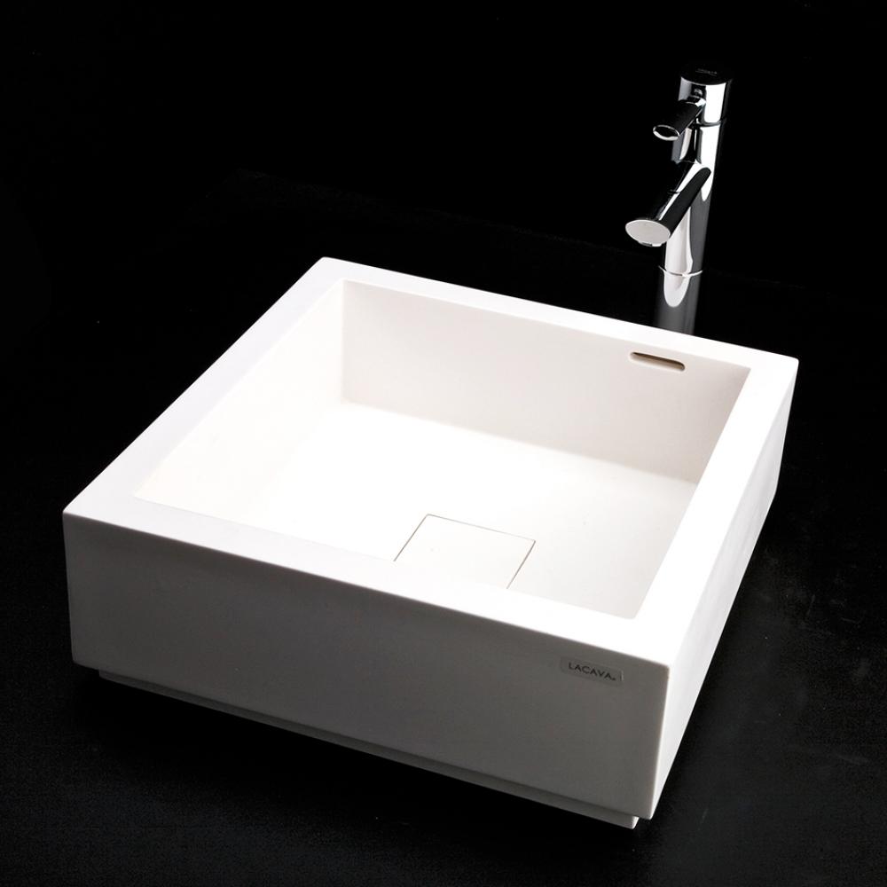 Vessel Bathroom Sink made of solid surface, with an overflow and decorative drain cover, finished