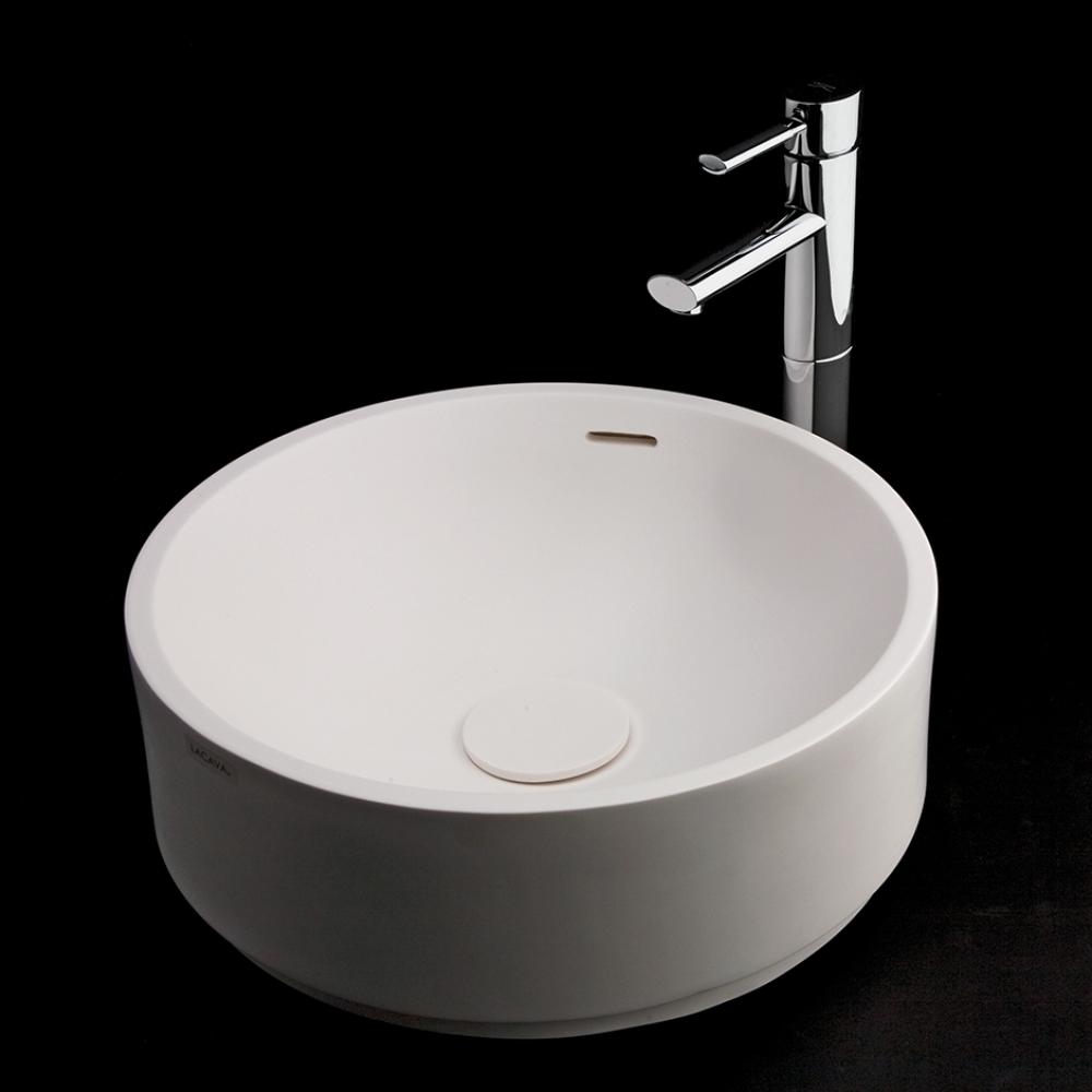 Vessel Bathroom Sink made of solid surface, with an overflow and decorative drain cover (column so
