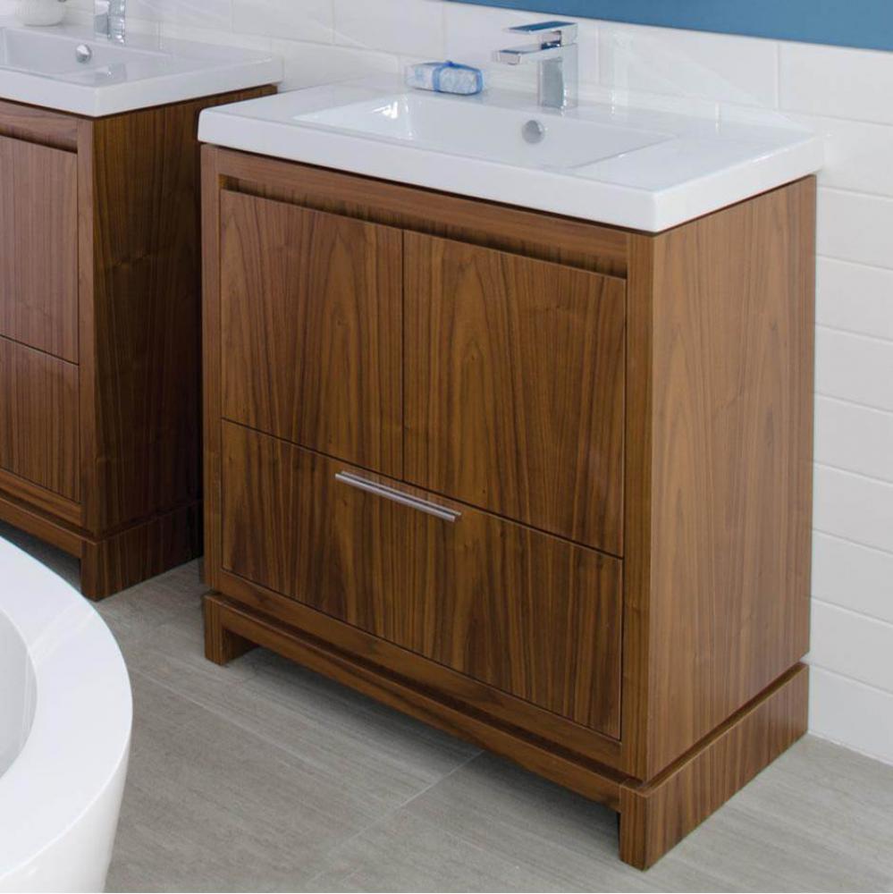 Free-standing under-counter vanity with finger pulls across top doors and polished chrome pull acr