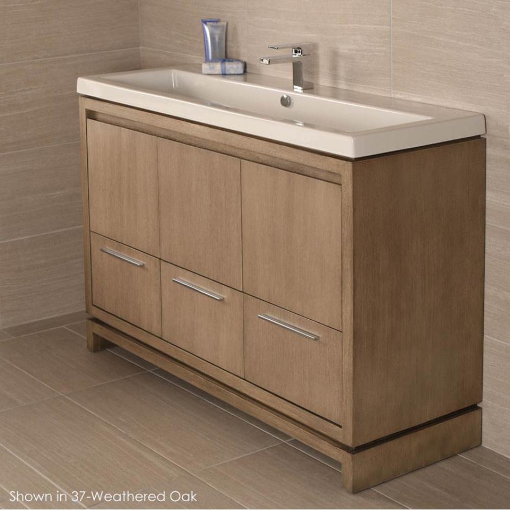 Free-standing under-counter vanity with finger pulls across top doors and polished chrome pulls ac