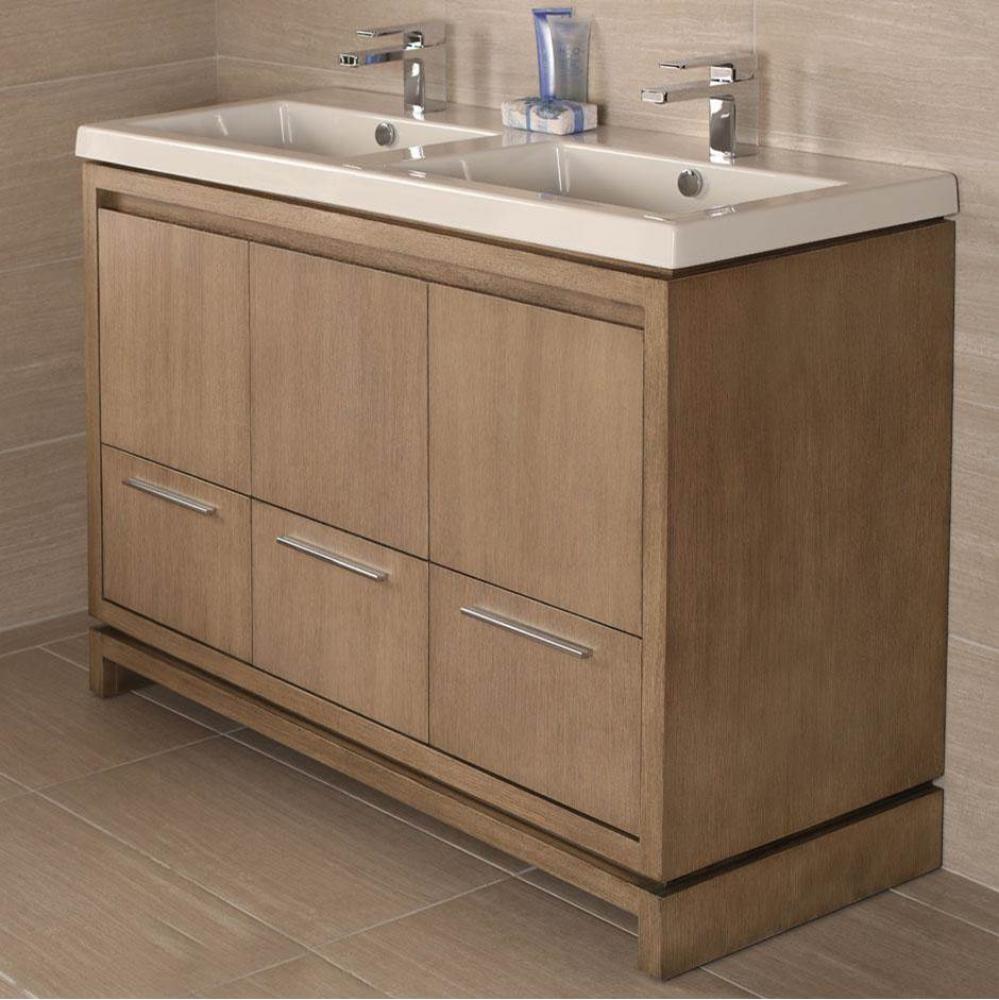 Free-standing under-counter vanity with finger pulls across top doors and polished chrome pulls ac