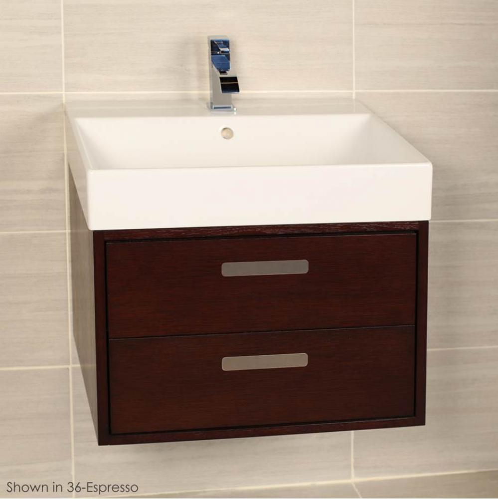 Wall-mount under-counter vanity with two push-open drawers adorned with metal inserts and equipped