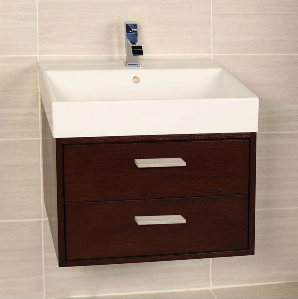 Wall-mount under-counter vanity with two push-open drawers adorned with metal inserts and equipped