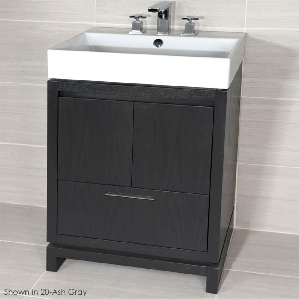Free-standing under-counter vanity with finger pulls across top doors and polished chrome pull acr