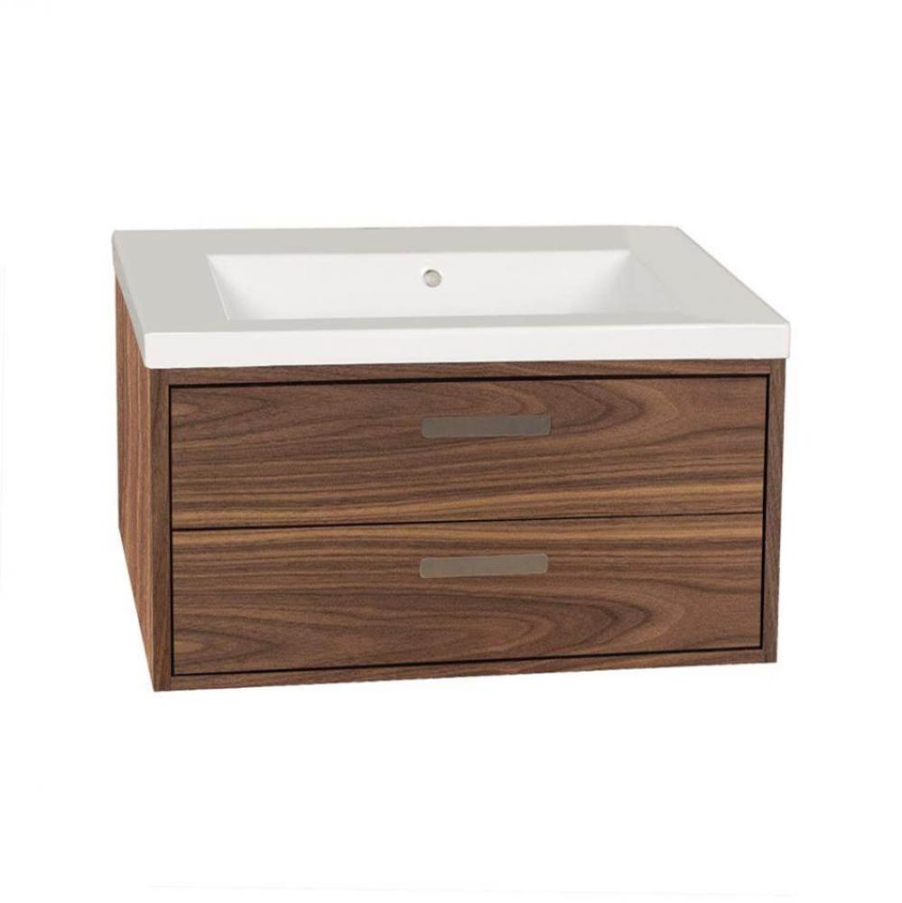 Wall-mount under-counter vanity with two push-open drawers adorned with metal inserts and equipped