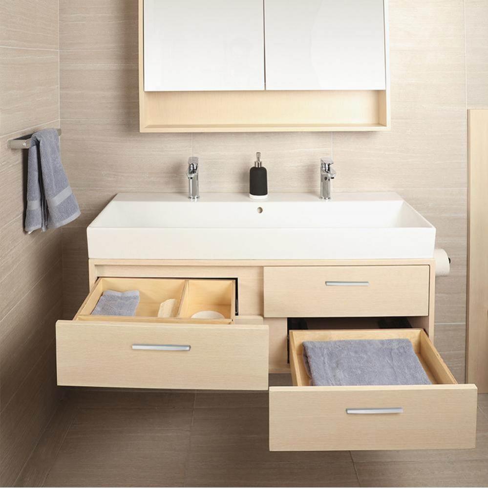 Wall-mount under-counter vanity with four push-open drawers adorned with metal inserts and equippe