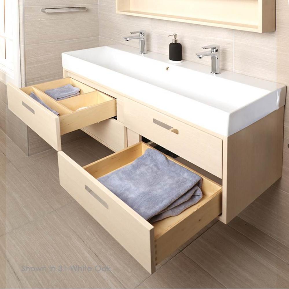 Wall-mount under-counter vanity with four push-open drawers adorned with metal inserts and equippe