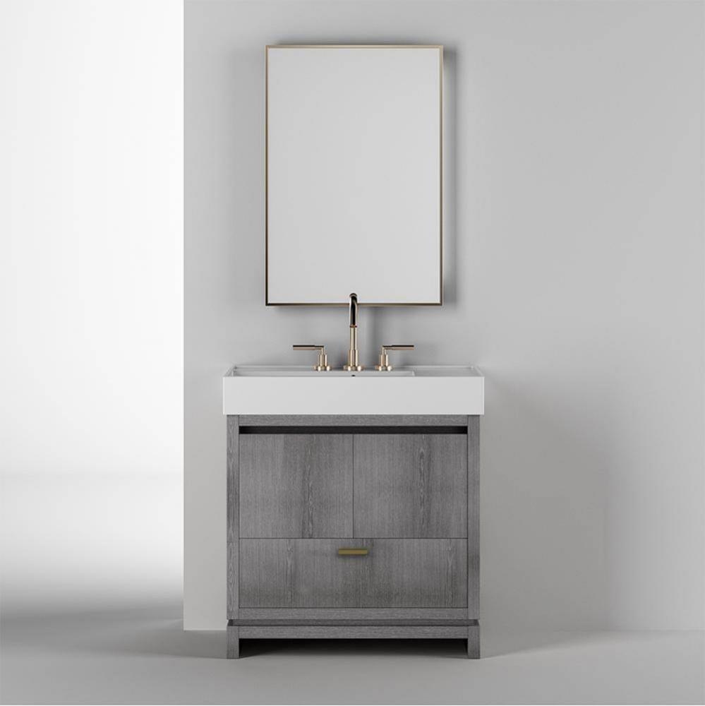 Free-standing under-counter vanity with finger pulls across top doors and polished chrome pull acr