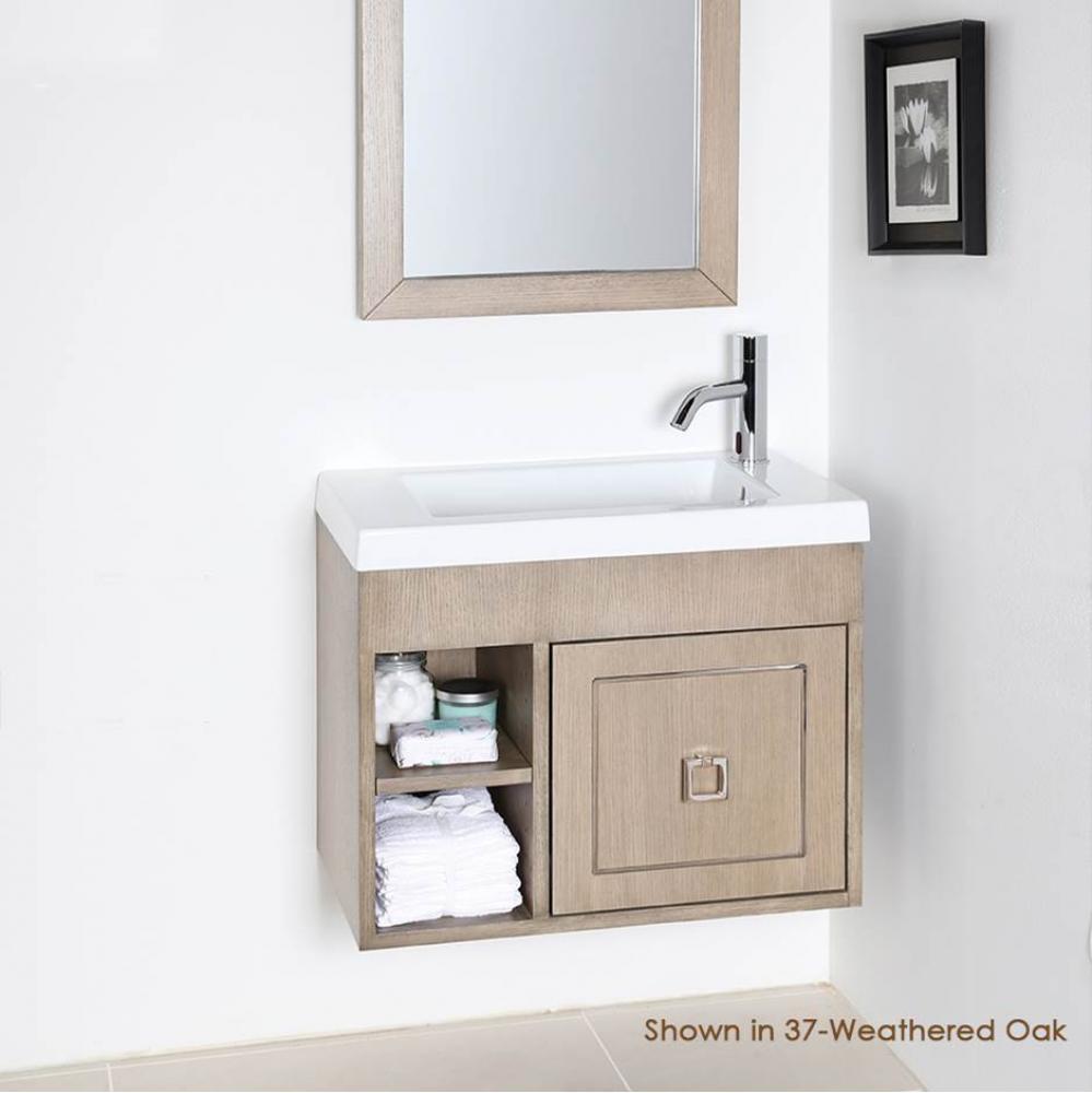Wall-mount under-counter vanity with open cubby on the left with adjustable shelf, and one door wi