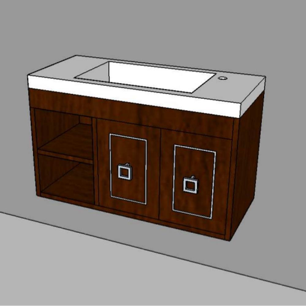 Wall-mount under-counter vanity with open cubby on the left with adjustable shelf