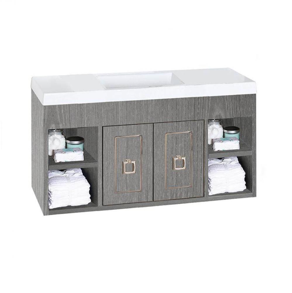 Wall-mount under-counter vanity with open cubby on both sides  with an adjustable shelf