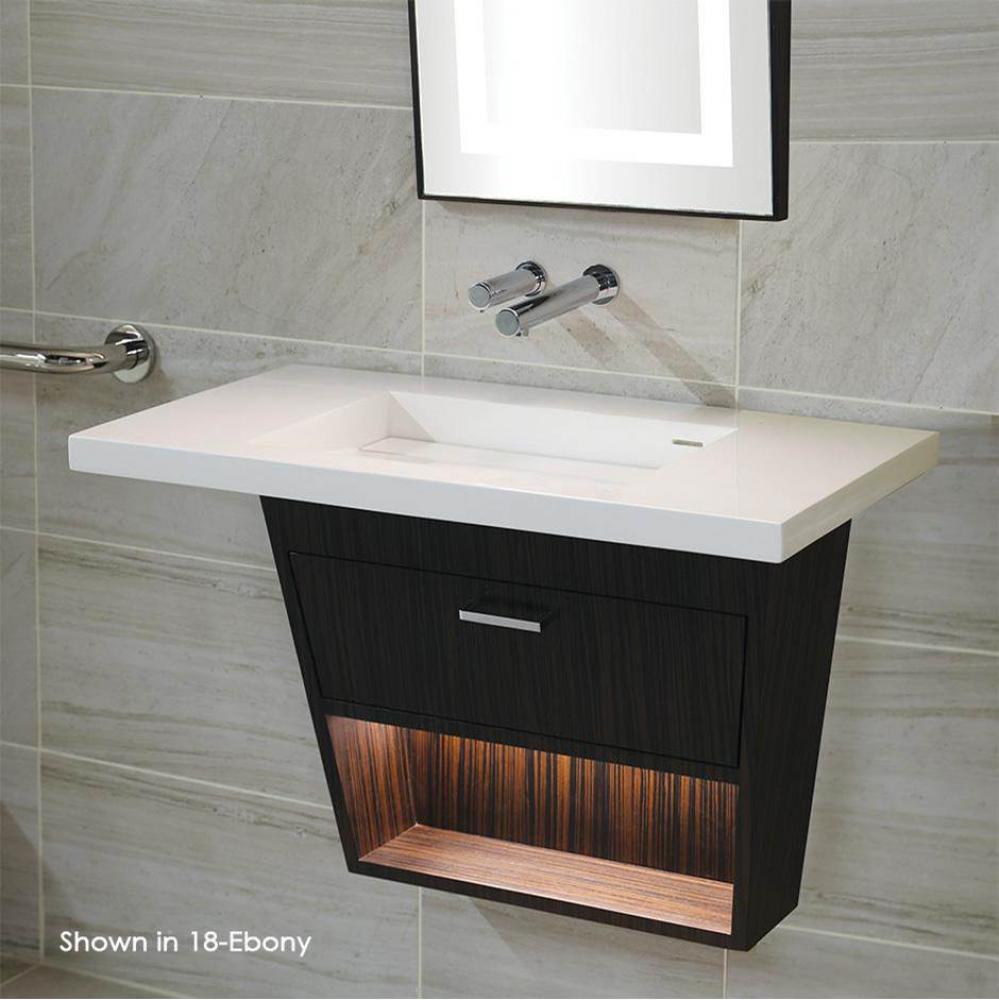 Wall mount under counter vanity with open cubby fill open door, LED lights, and polished chrome pu