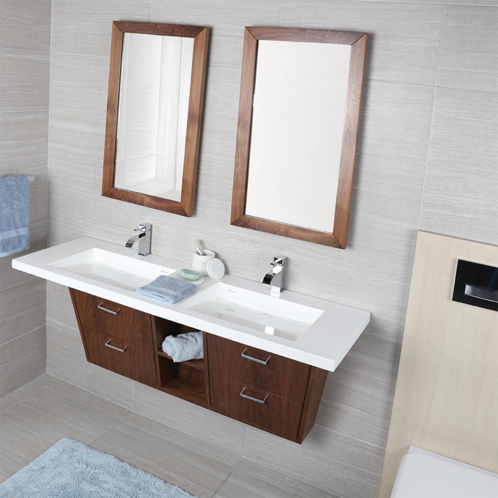 Wall-mount or vanity-top double Bathroom Sink made of solid surface with an overflow and decorativ