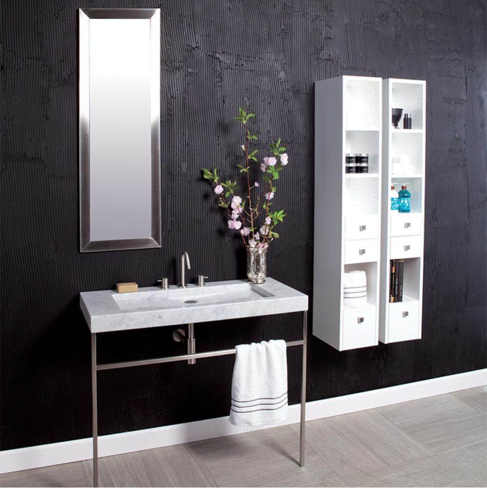 Wall-mount cabinet with three drawers and two shelves, polished chrome pulls included