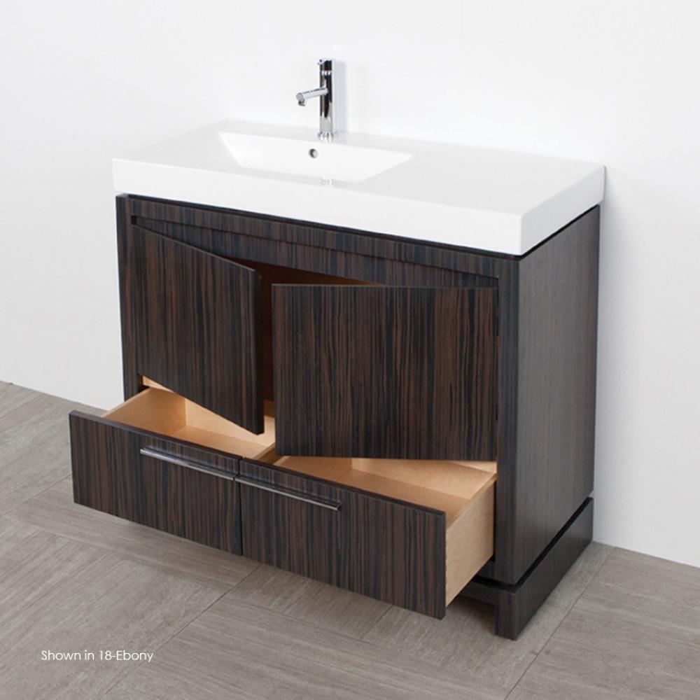 Free standing under counter vanity with finger pulls across top doors and polished chrome pulls ac