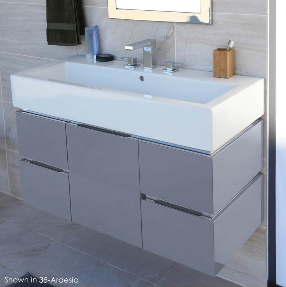 Wall-mounted undercounter vanity with finger pulls and polished steel accents