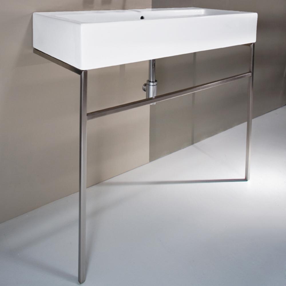 Floor-standing metal console stand with a towel bar. It must be attached to a wall.W: 39 3/8'