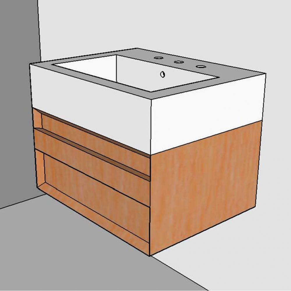 Wall-mount under-counter vanity with finger pulls on one drawer, the drawer has U-shaped notch for