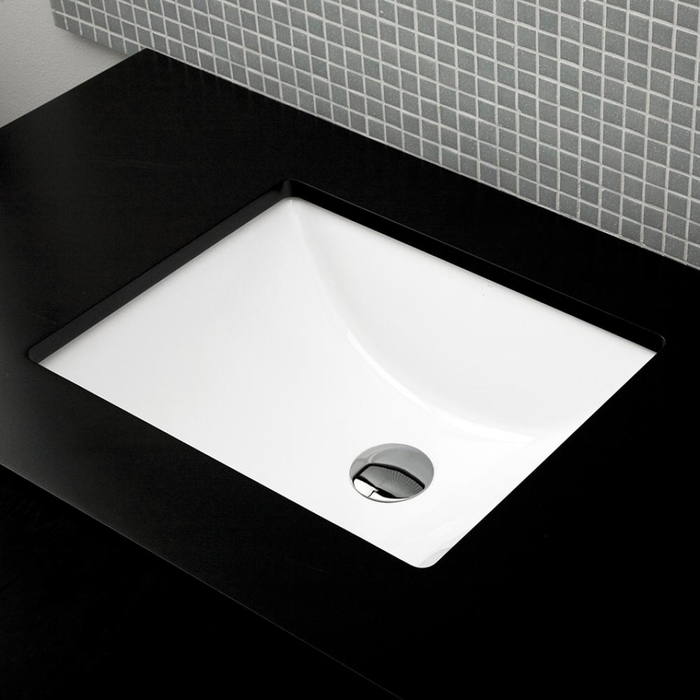 Under-counter porcelain Bathroom Sink with an overflow. Unglazed exterior. 19''W, 15&apo