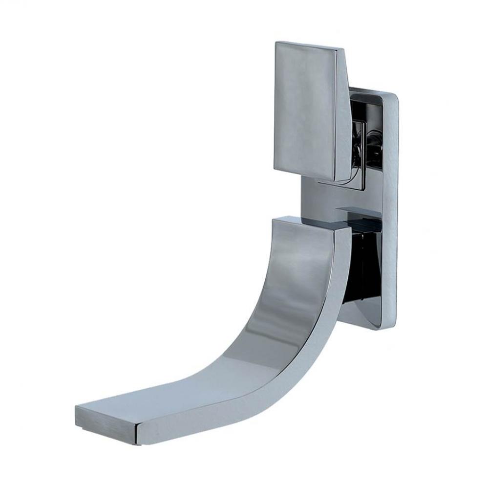Wall-mount two-hole faucet with one lever handle on the top, with backplate. Includes rough-in and