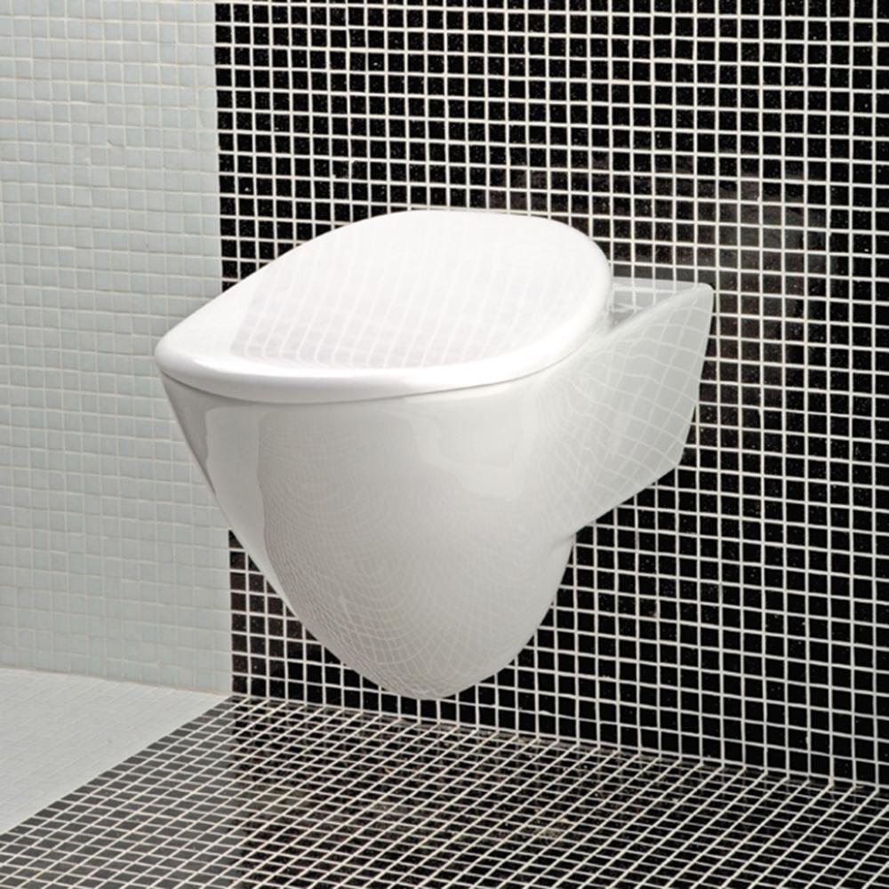 Wall-hung porcelain toilet for concealed flushing system, includes a seat cover.W: 14 3/4'&ap