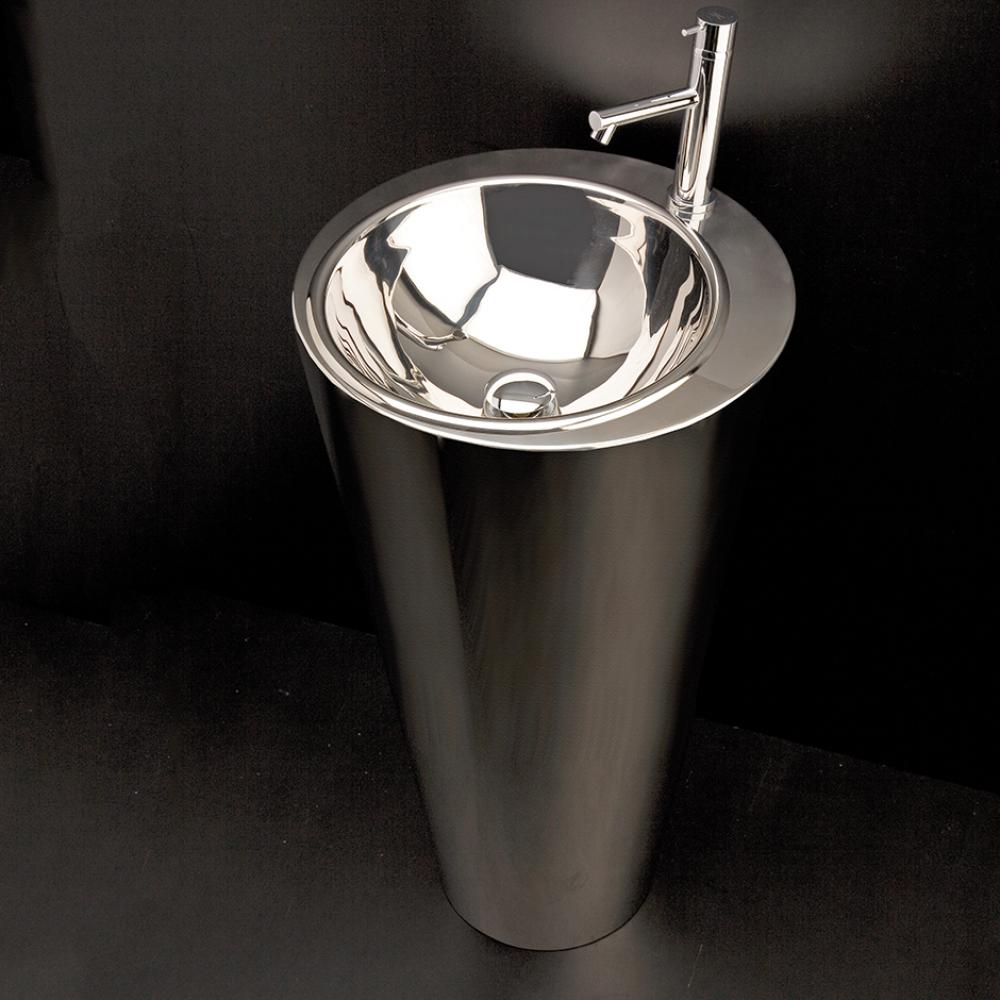 Free-standing stainless steel column pedestal Bathroom Sink without an overflow.