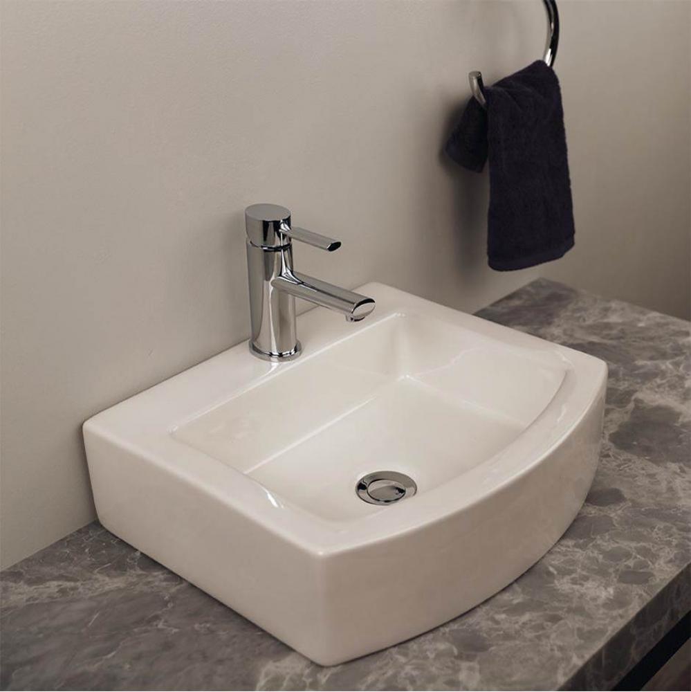 Above counter porcelain Bathroom Sink without an overflow. Unfinished back. 17 1/2''W, 1