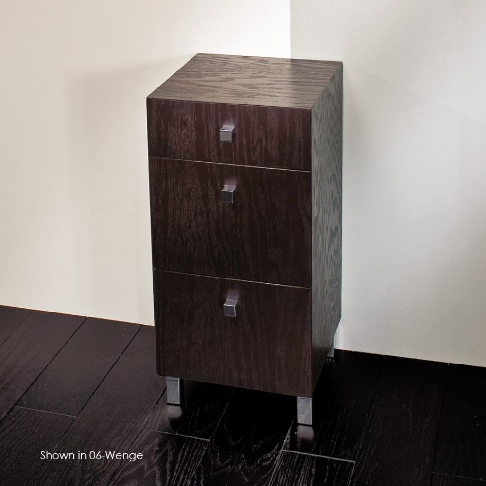 Free-standing cabinet with three drawers, polished chrome pulls and polished stainless steel legs