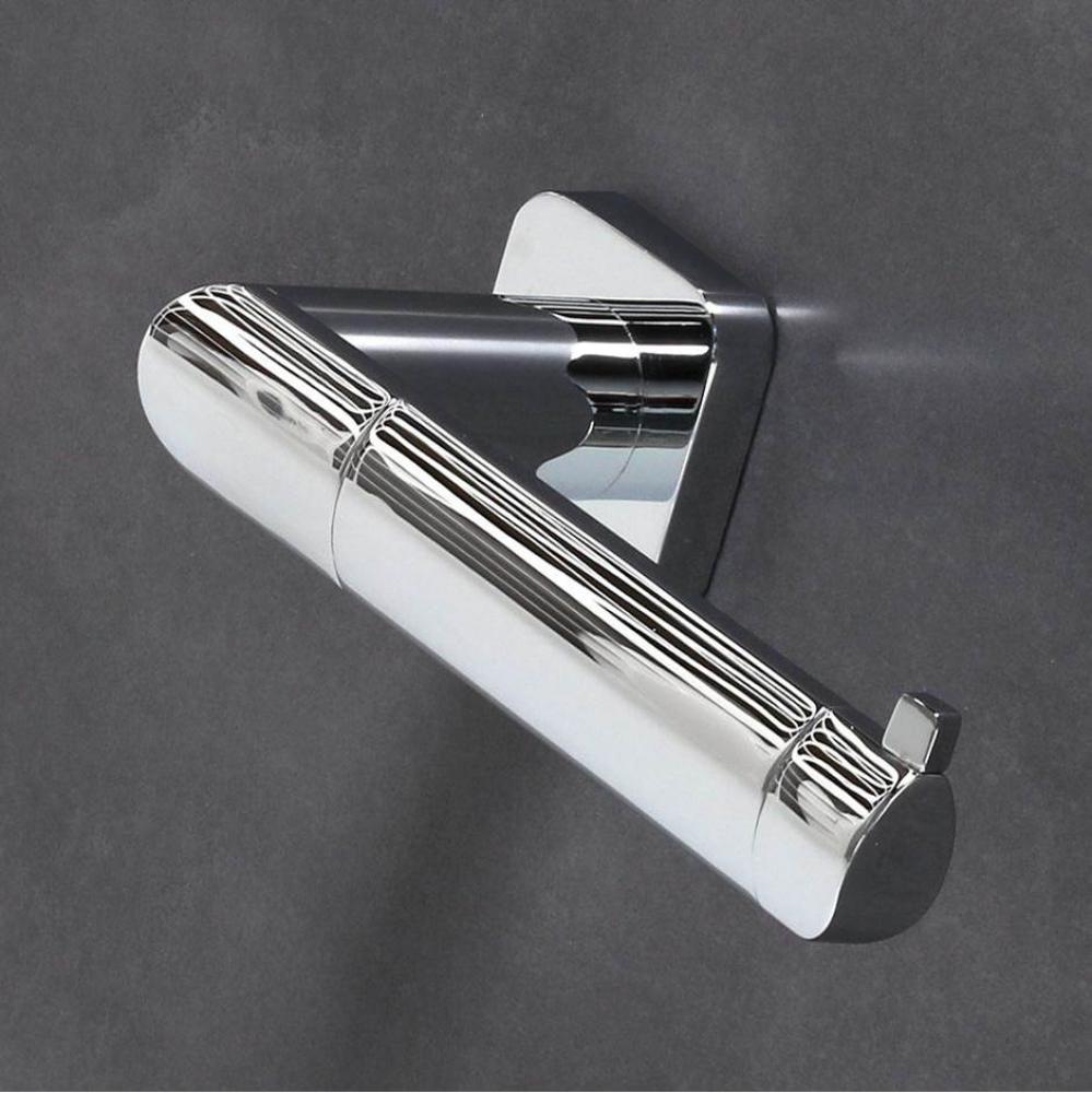 Wall-mount toilet paper holder made of chrome plated brass. W: 7'', D: 3'', H:
