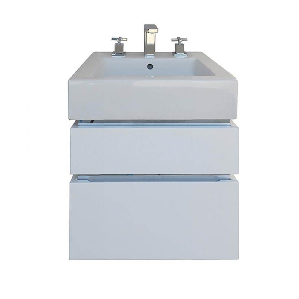 Wall-mount under-counter vanity with finger pulls, without polished steel accents, bothdrawers hav
