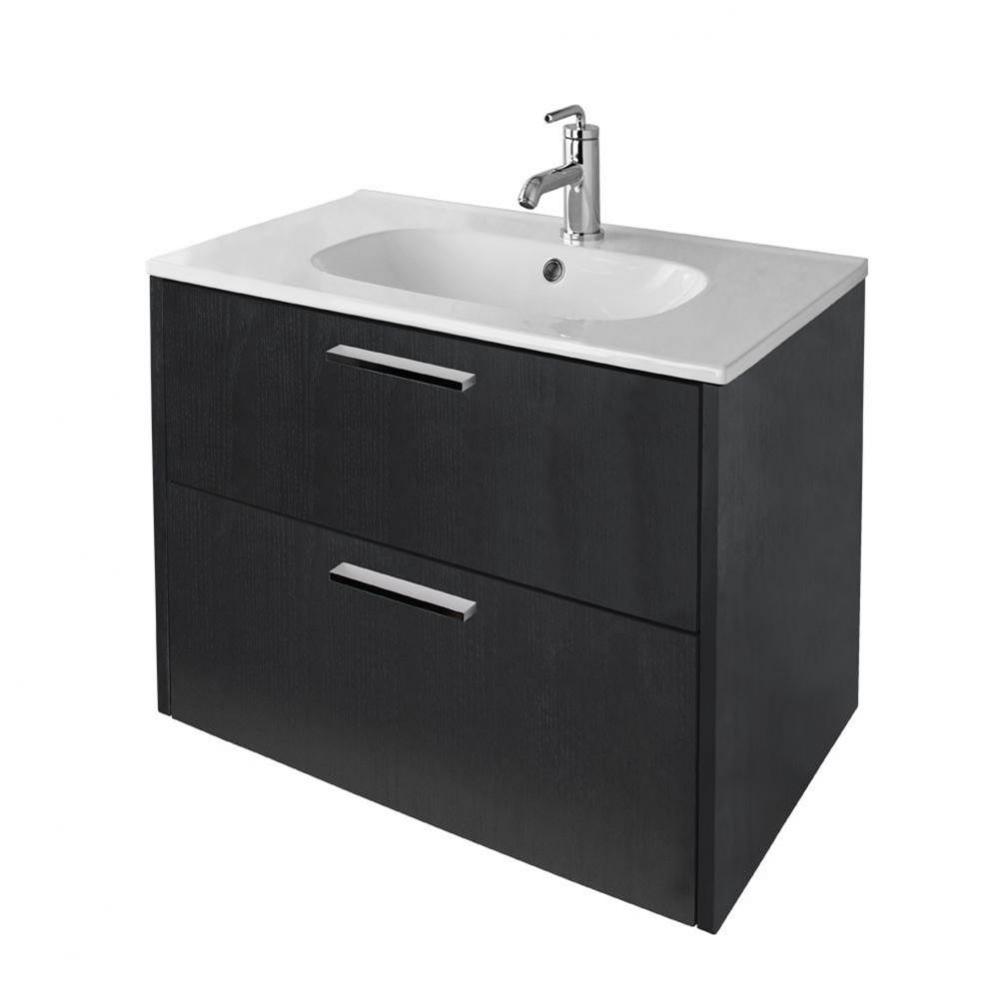 Wall-mount under-counter vanity with pull out bottom behind two finger pull doors.  W:31 1/2'