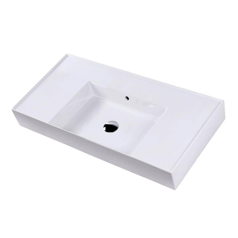 Wall-mount or vanity top porcelain sink with an overflow and a deck on the right-hand and left-han
