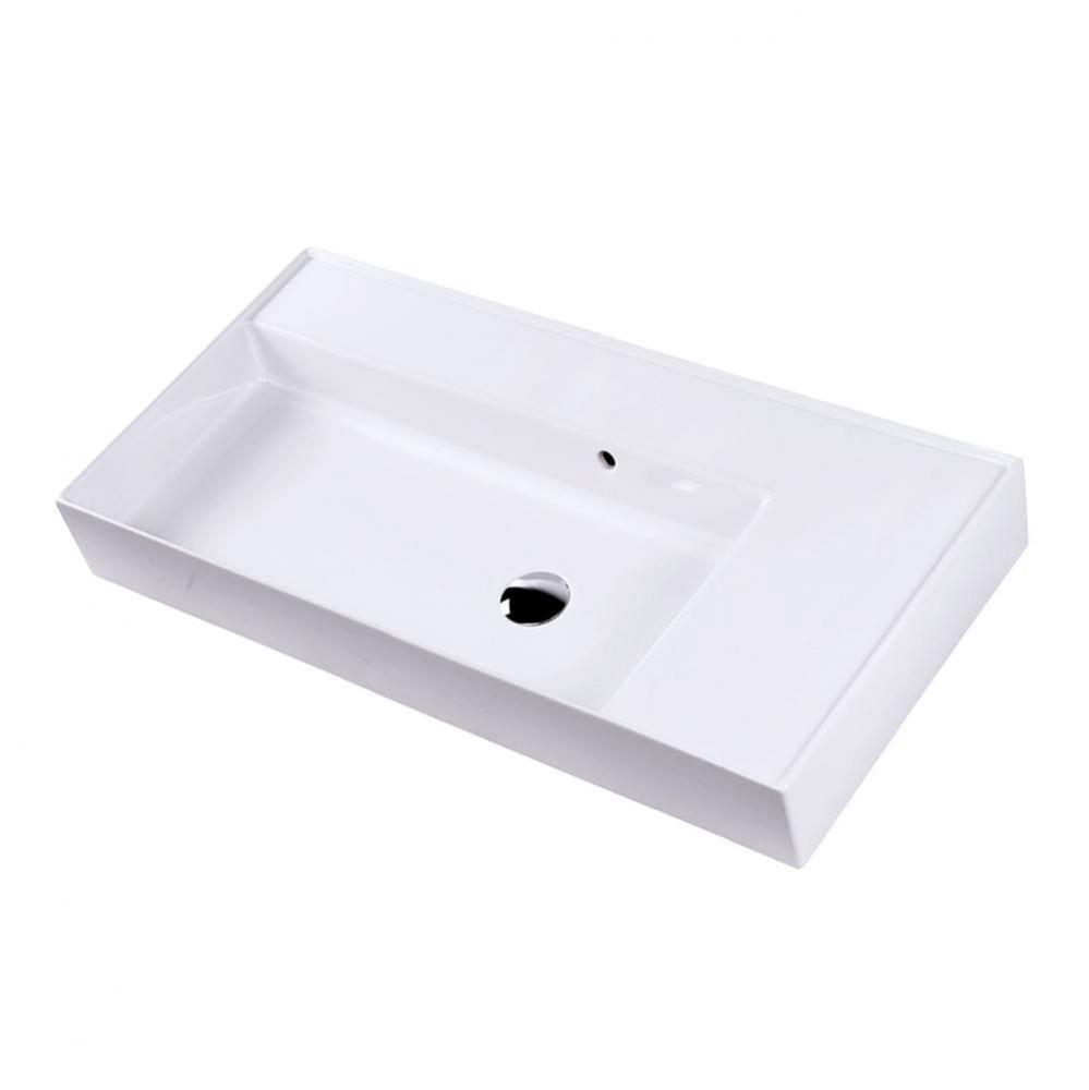 Wall-mount or vanity top porcelain sink with an overflow and a deck on the right-hand or left-hand