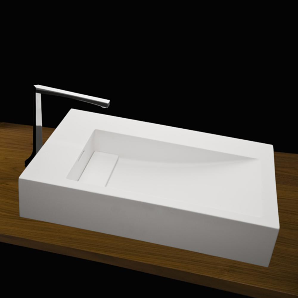 Vessel Bathroom Sink with deck on the left, made of solid surface, with an overflow and decorative