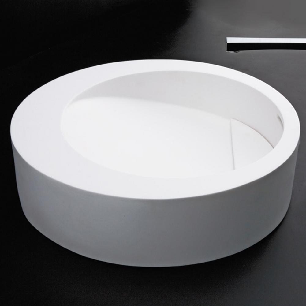 Round solid surface vessel washbasin with overflow and decorative drain cover (drain not included)