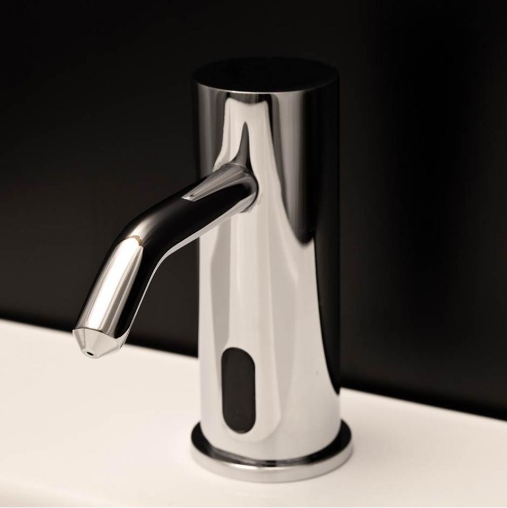 Deck-mount single-hole electronic soap dispenser. SPOUT: 3 3/8'', H: 4 1/8''.