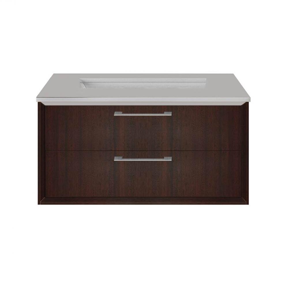 Cabinet of wall-mount under-counter vanity featuring one drawer and solid surface countertop with