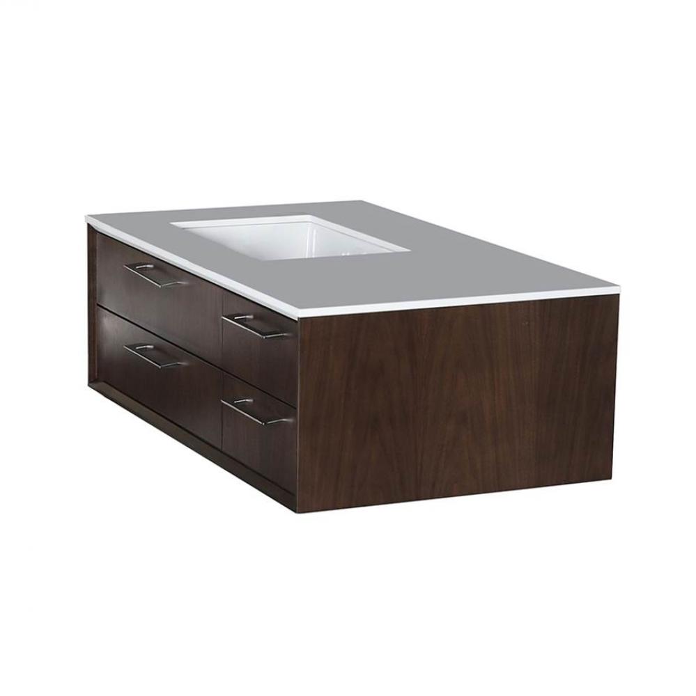 Cabinet of wall-mount under-counter vanity featuring three drawers and solid surface countertop wi
