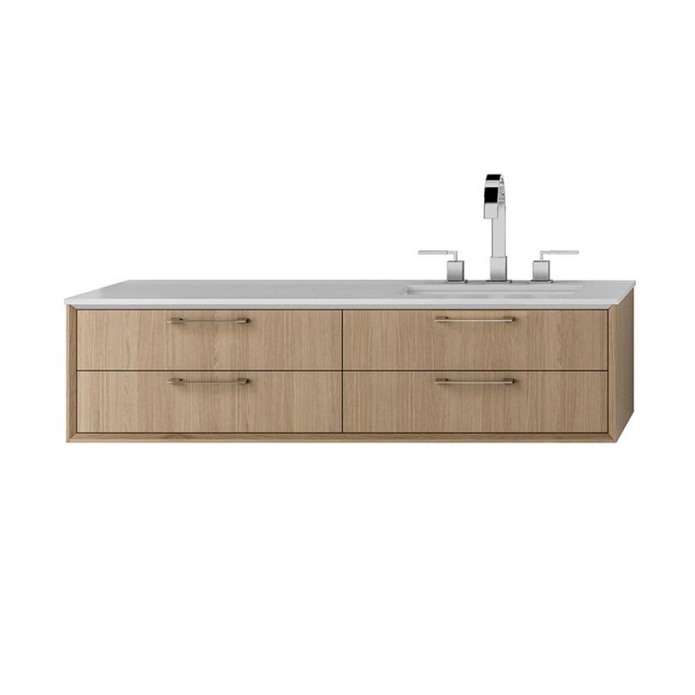 Cabinet of wall-mount under-counter vanity featuring three drawers and solid surface countertop wi