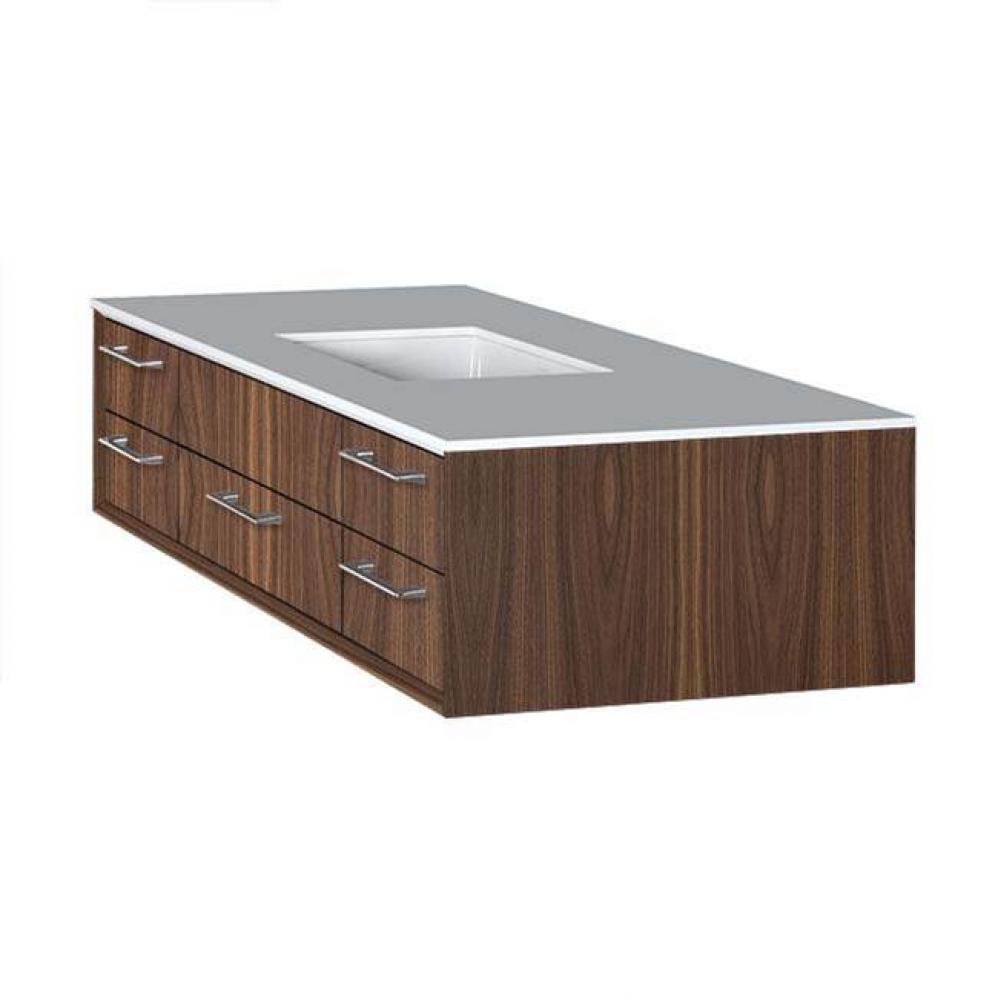 Cabinet of wall-mount under-counter vanity featuring five drawers and solid surface countertop wit