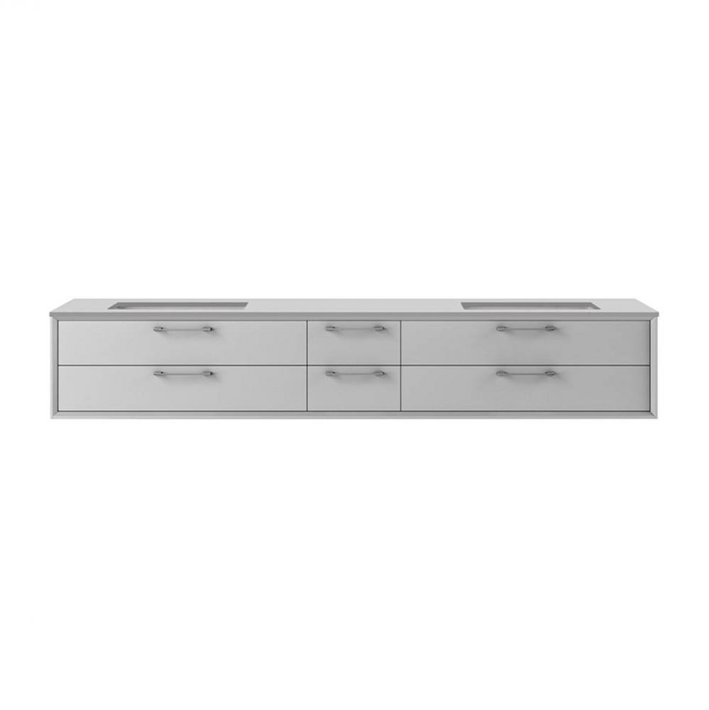 Cabinet of wall-mount under-counter vanity featuring four drawers and solid surface countertop wit
