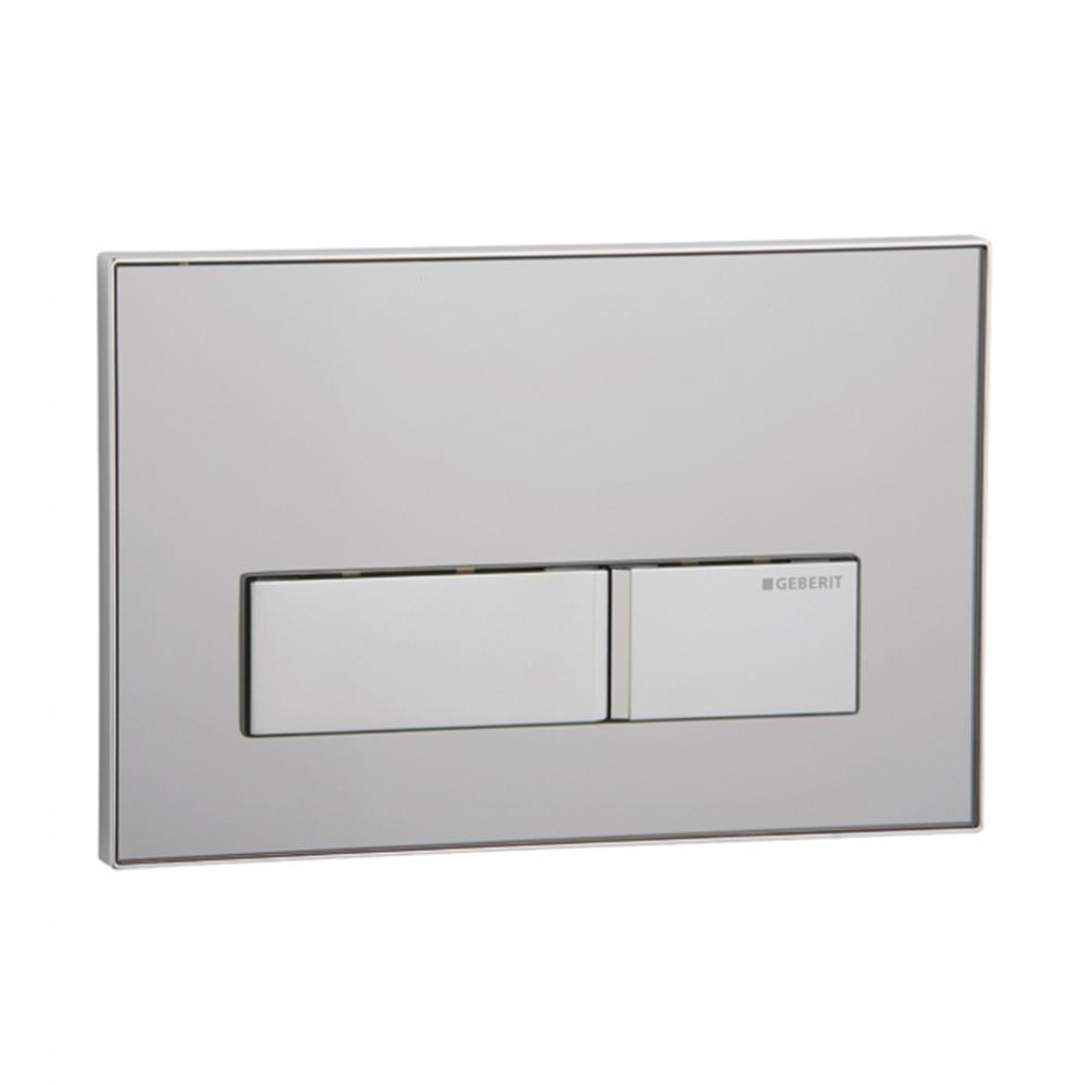 Sigma50 dual-flush actuator with smoke satin glass and brushed stainless steel buttons.
