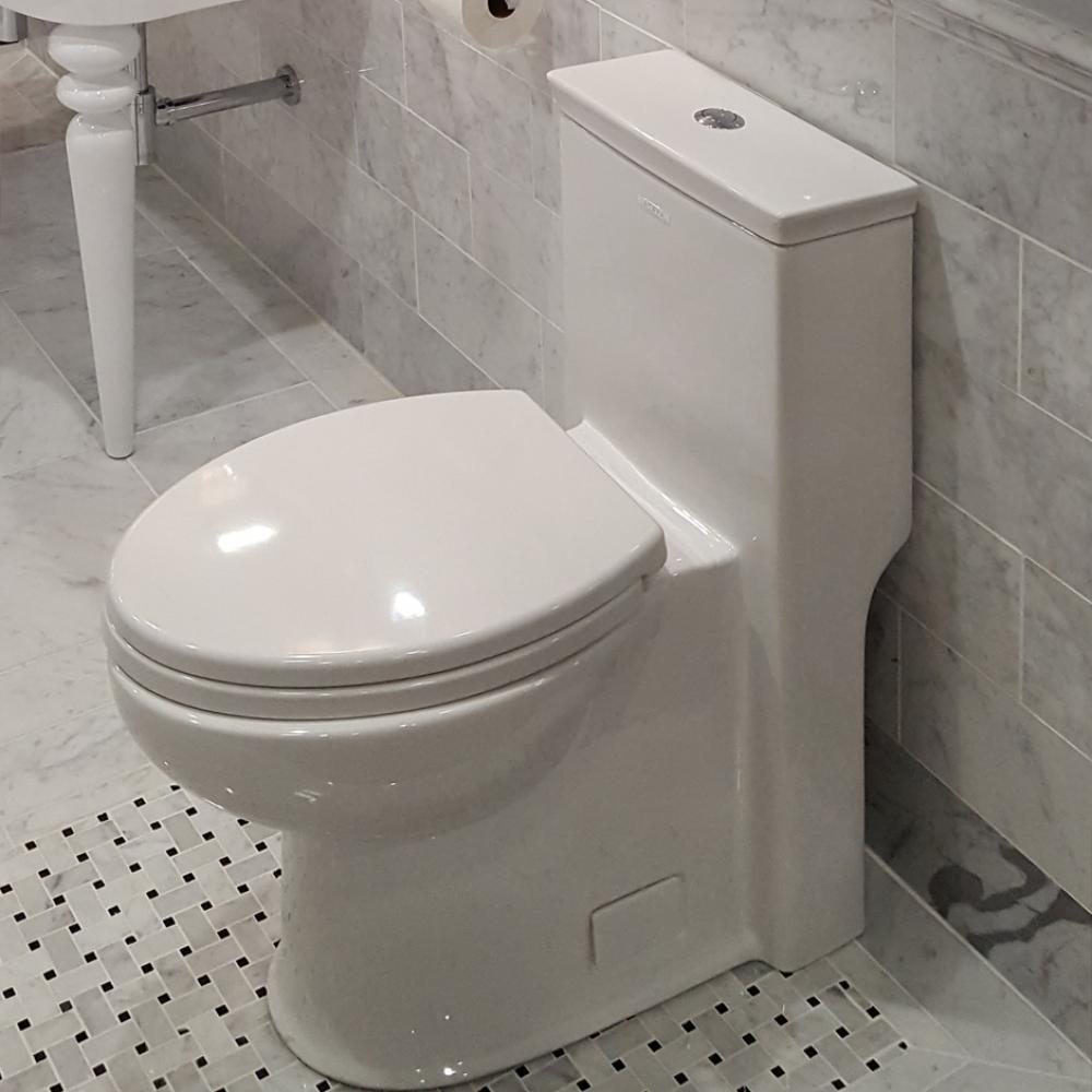 Floor-standing elongated one-piece porcelain toilet with siphonic single flush system (1.