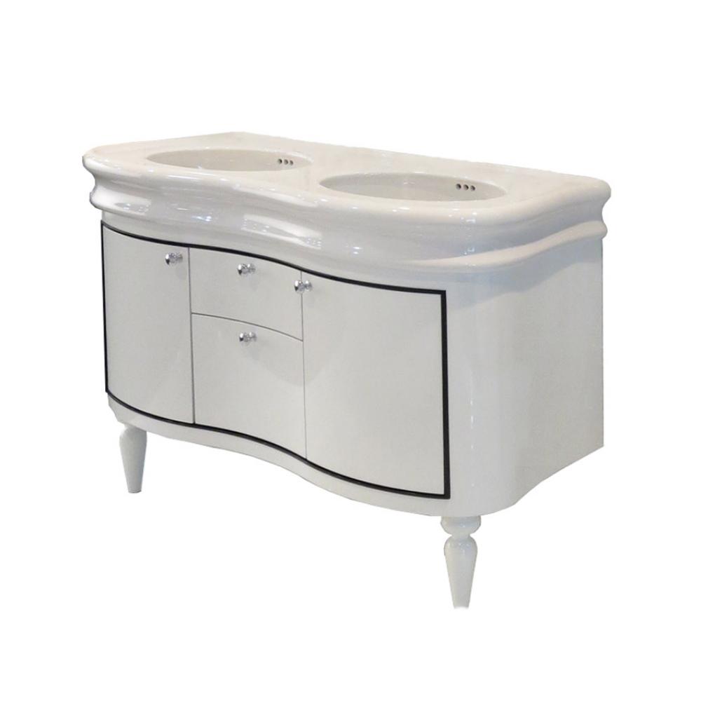 Wall-mount under-counter double vanity with two side- doors and two - center drawers.