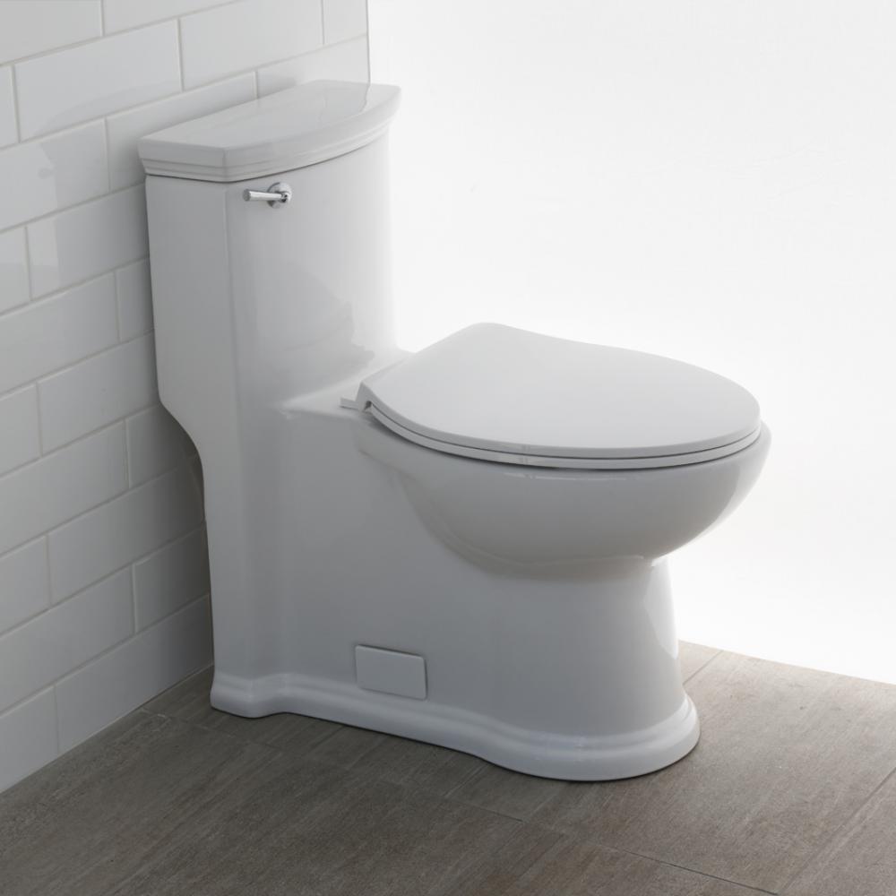 Floor-standing elongated one-piece porcelain toilet with siphonic single flush system (1.28 gpf),