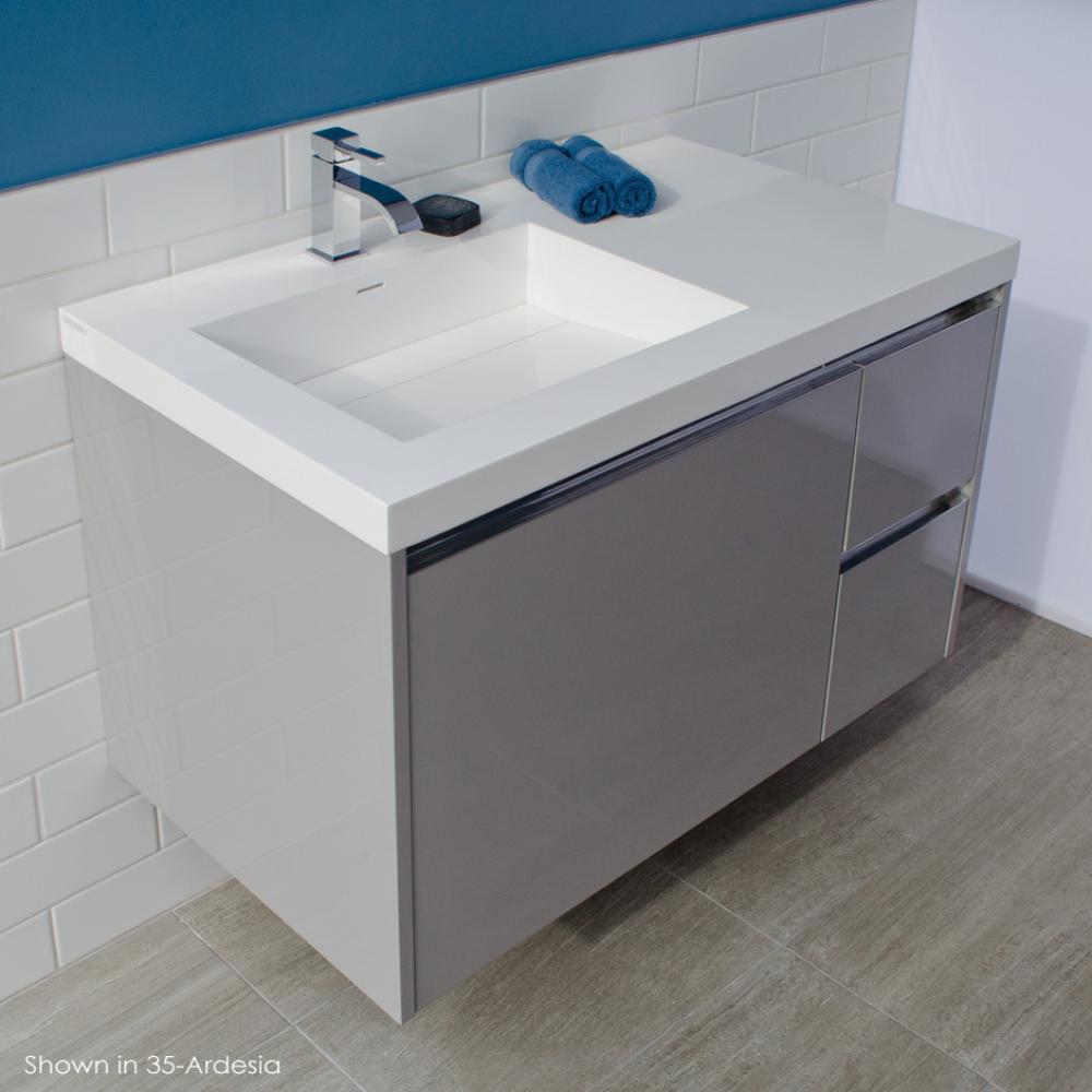 Wall-mount under counter vanity with three drawers, Bathroom Sink  is on the left.