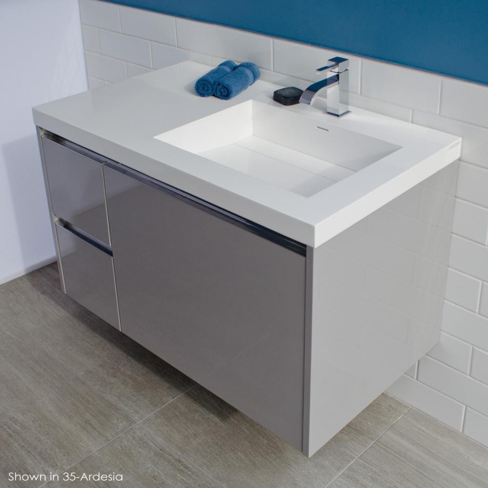 Wall-mount under counter vanity with three drawers, Bathroom Sink  is on the right.