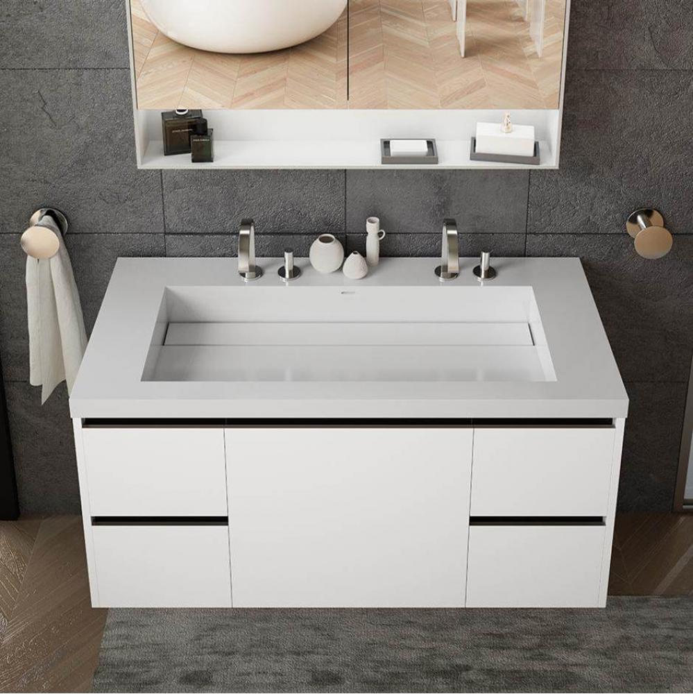 Vanity-top wide center-bowl Bathroom Sink made of solid surface, with an overflow and decorative d