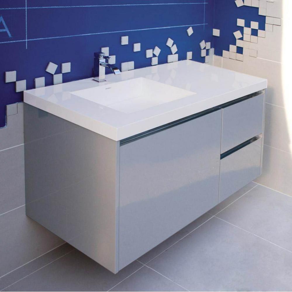 Wall-mounted undercounter vanity with a large drawer on left and 2 small drawers on right