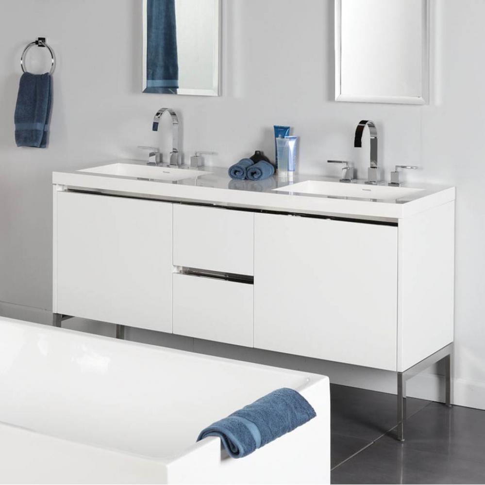 Wall-mount under-counter double vanity with a notch-back large drawer on left and right, and two s